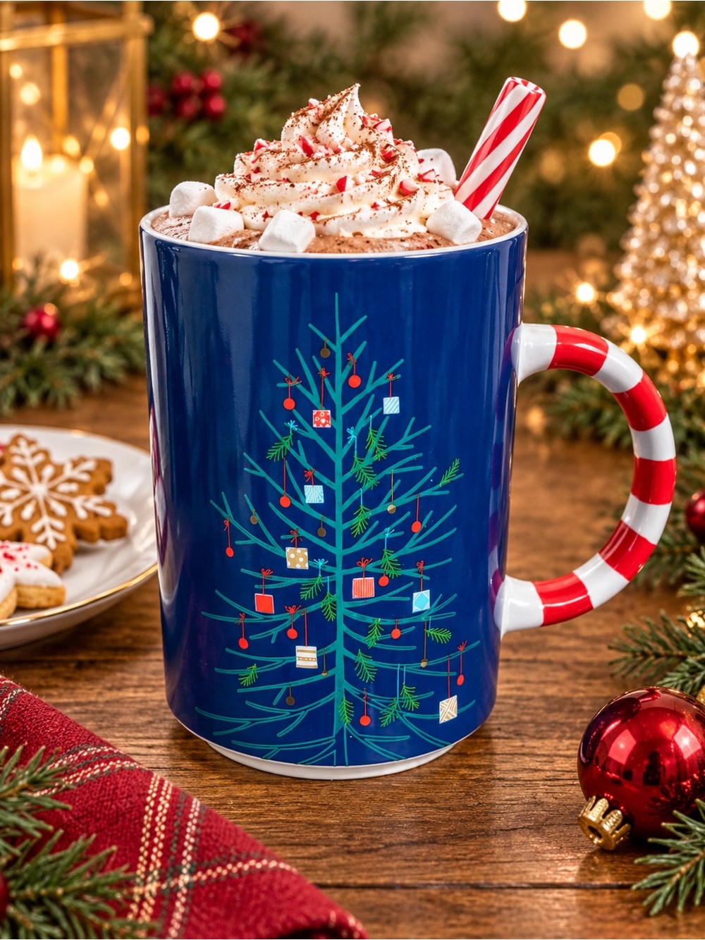 Starbucks 2018 Christmas Tree Candy Cane Handle Mug Blue 12 oz